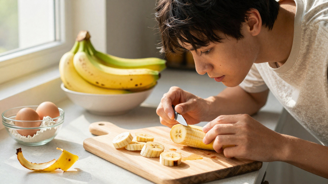 Pessoa a cortar banana em tábuas numa cozinha iluminada com luz natural perto de uma tigela com ovos e cacho de bananas.