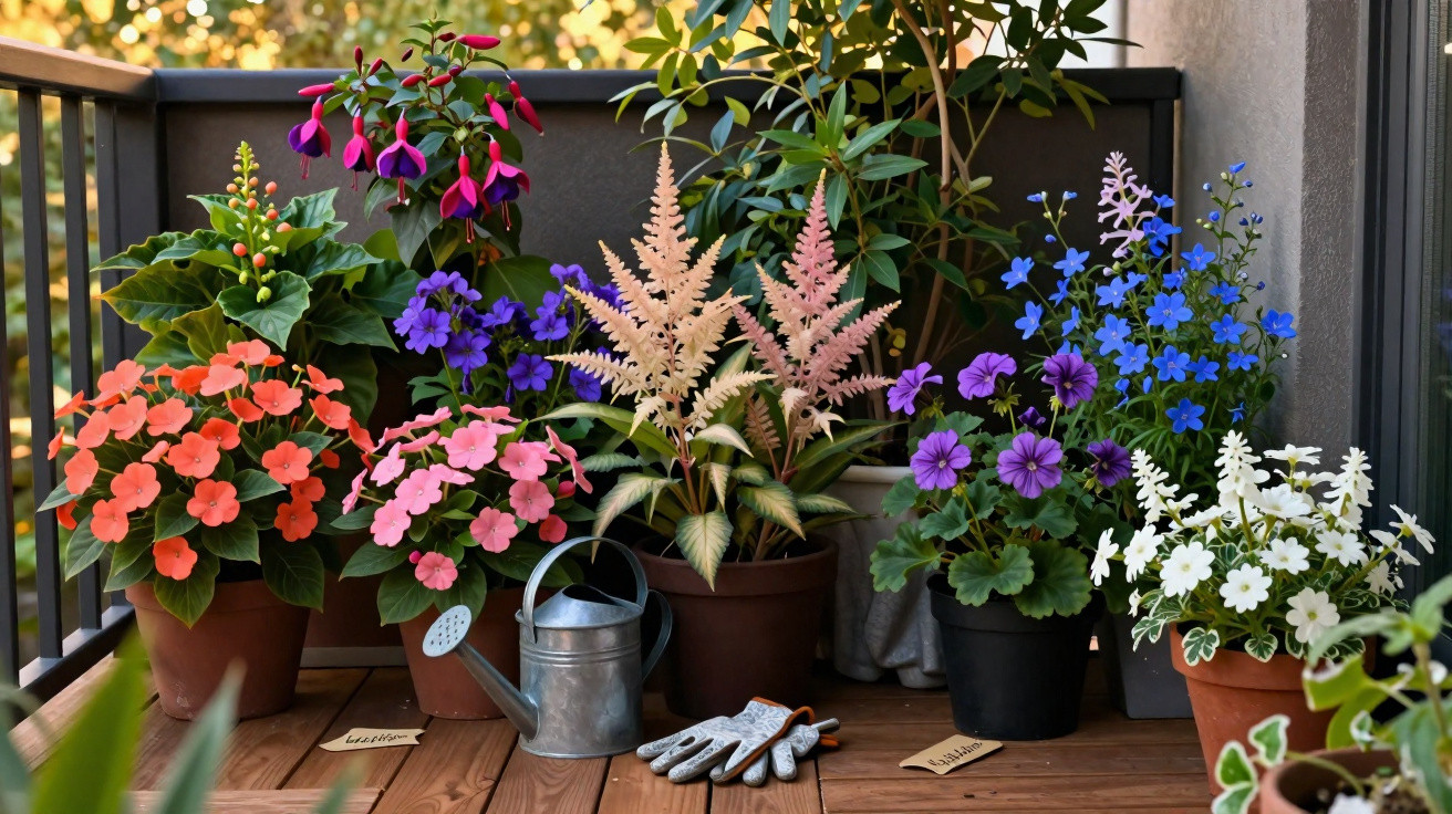 Varanda com vasos coloridos de plantas floridas, regador metálico e luvas de jardinagem.