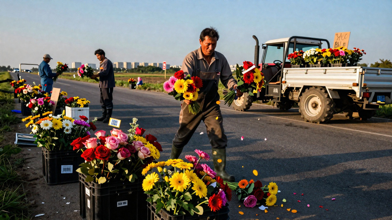 Homem a organizar flores coloridas em caixas na berma de uma estrada junto a uma carrinha.
