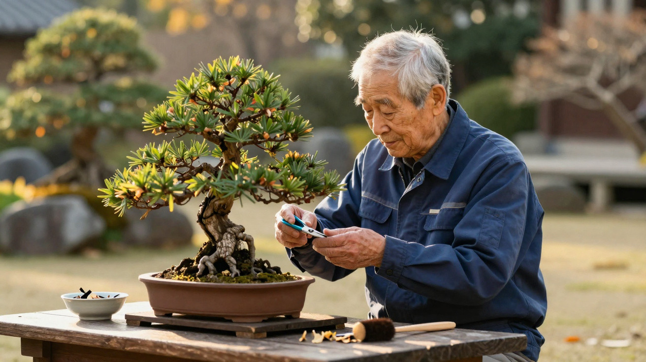 Idoso a cuidar de um bonsai num jardim ao ar livre numa tarde ensolarada.