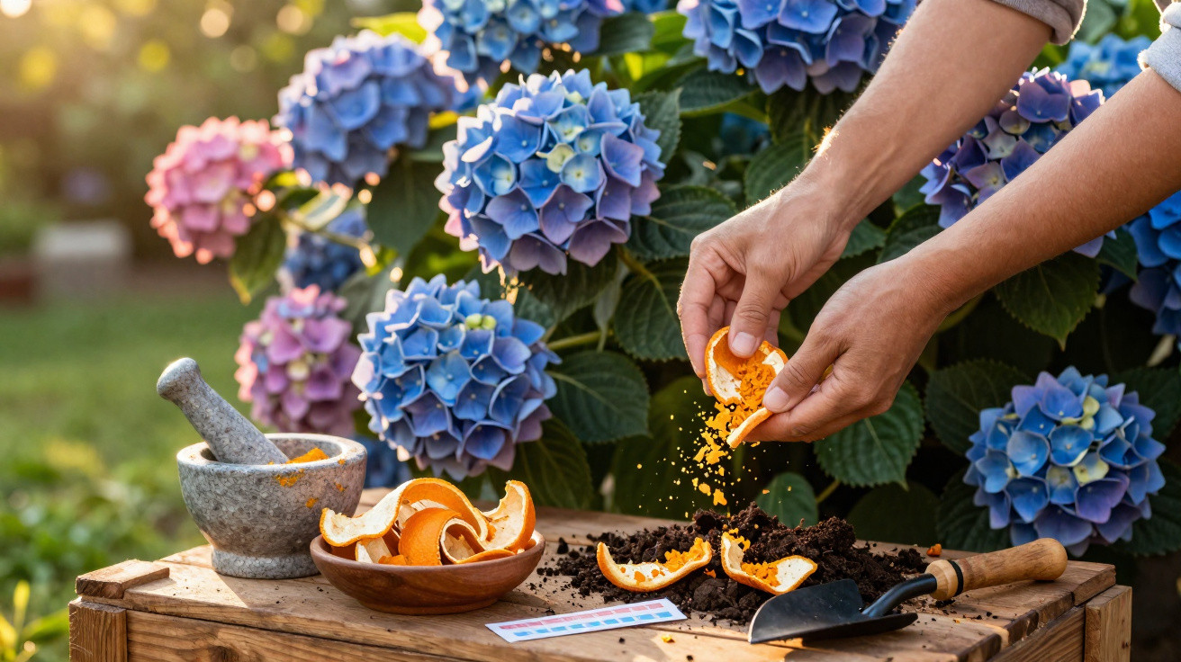 Mãos a desfazer cascas de laranja para compostagem junto a flores azuis de hortênsia num jardim.