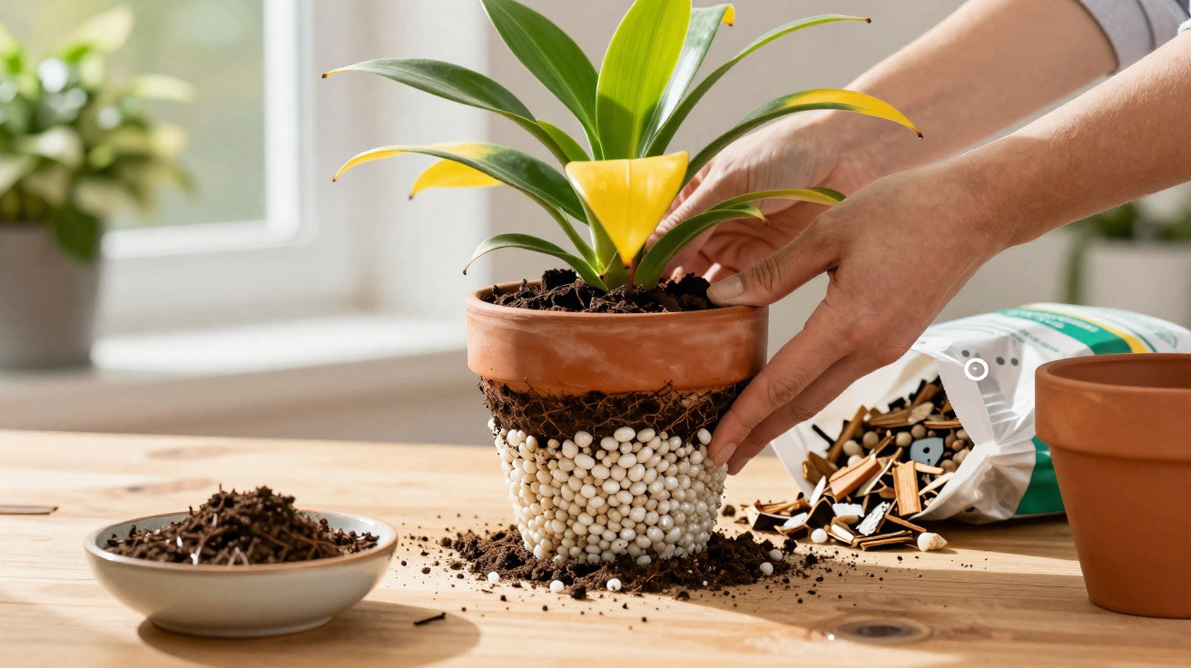 Mãos a transplantar planta com raízes envoltas em bolas de fertilizante dentro de vaso de barro.