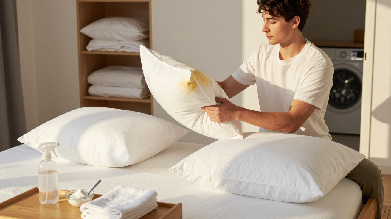 Homem a aspirar e limpar a mancha amarela numa almofada branca numa cama com três almofadas.