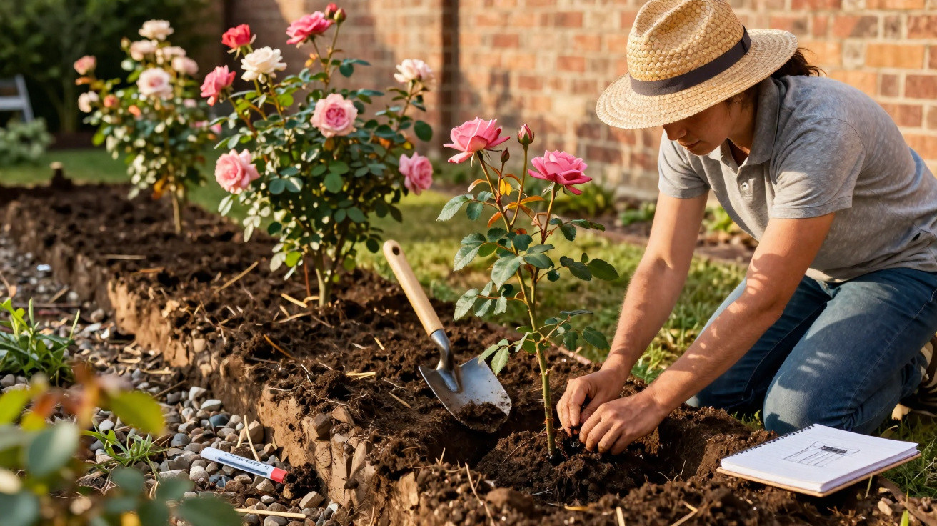 Pessoa com chapéu a plantar rosas cor-de-rosa num canteiro junto a uma parede de tijolos.