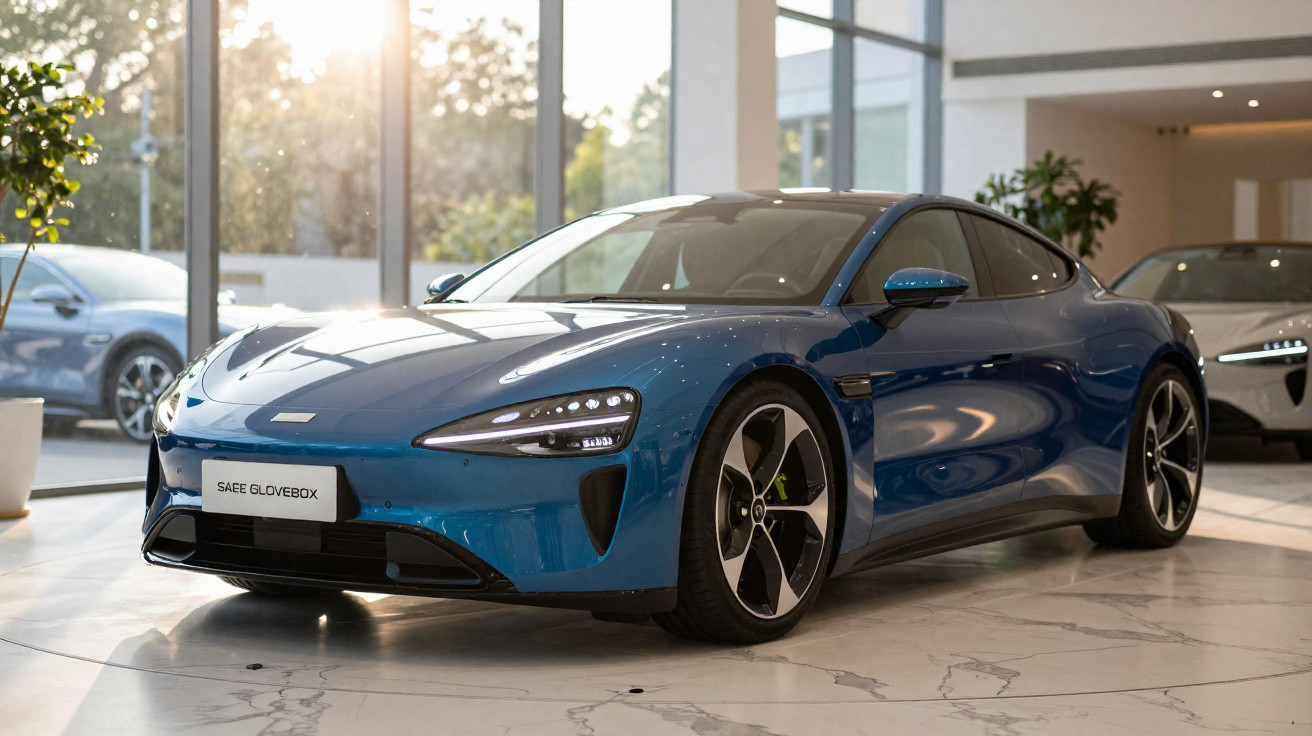 Carro desportivo elétrico azul exposto numa sala com luz natural e chão em mármore branco.