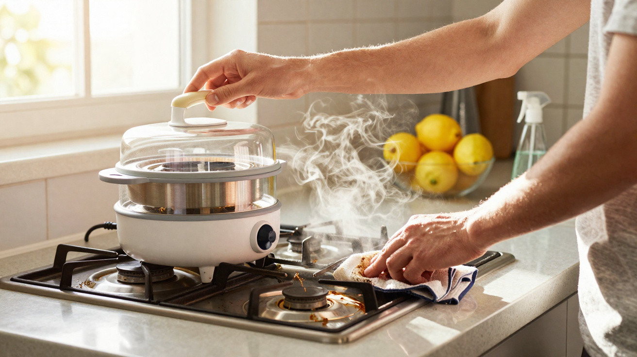 Mãos a levantar a tampa de panela a vapor num fogão com faca a limpar a borda, frutas ao fundo.