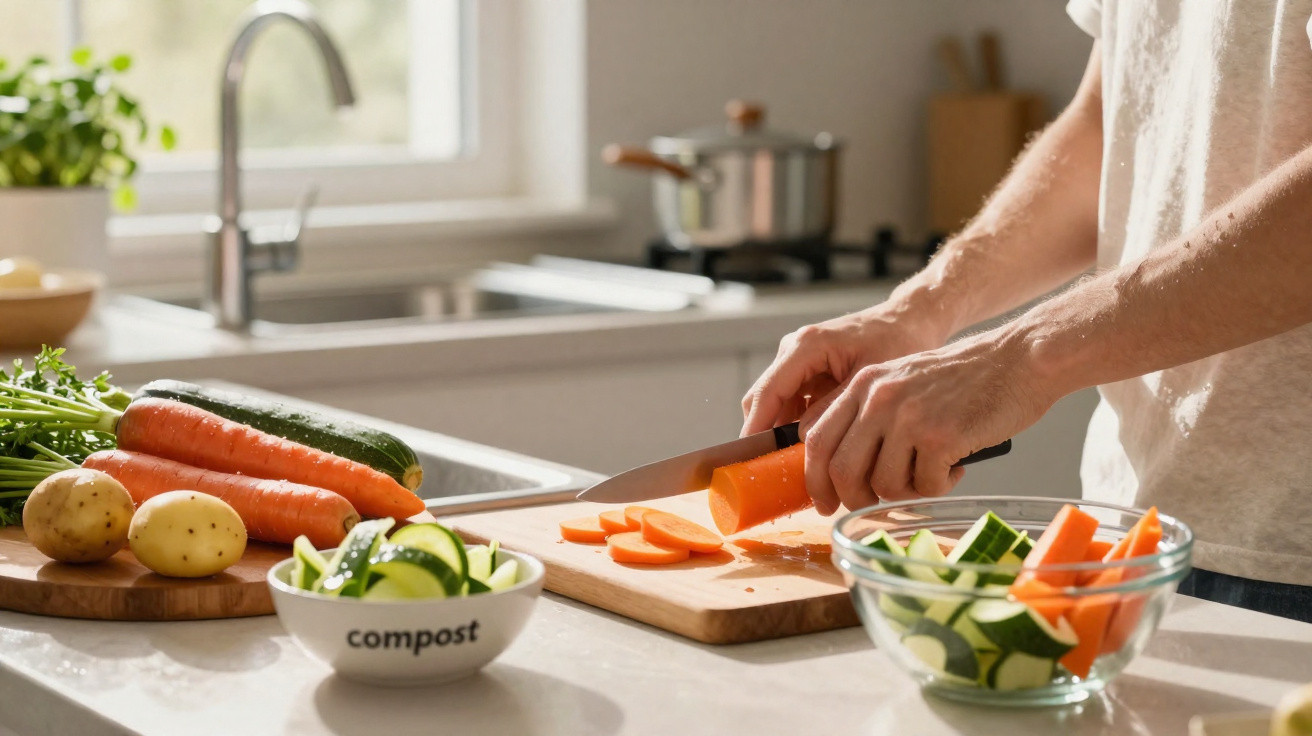 Pessoa a cortar cenouras com faca numa tábua na cozinha, com legumes frescos e recipiente de compostagem.