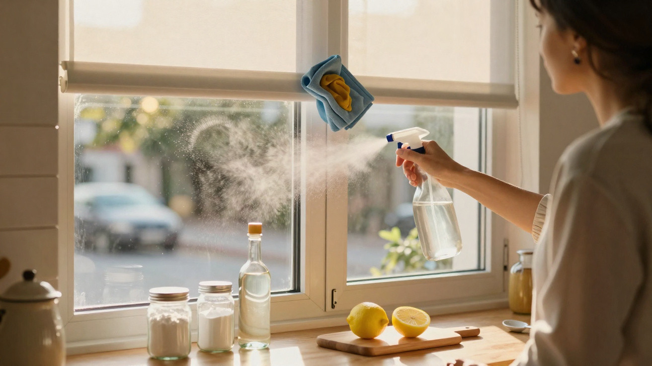 Pessoa a limpar uma janela com spray e pano, luz natural a entrar na cozinha com limões na bancada.
