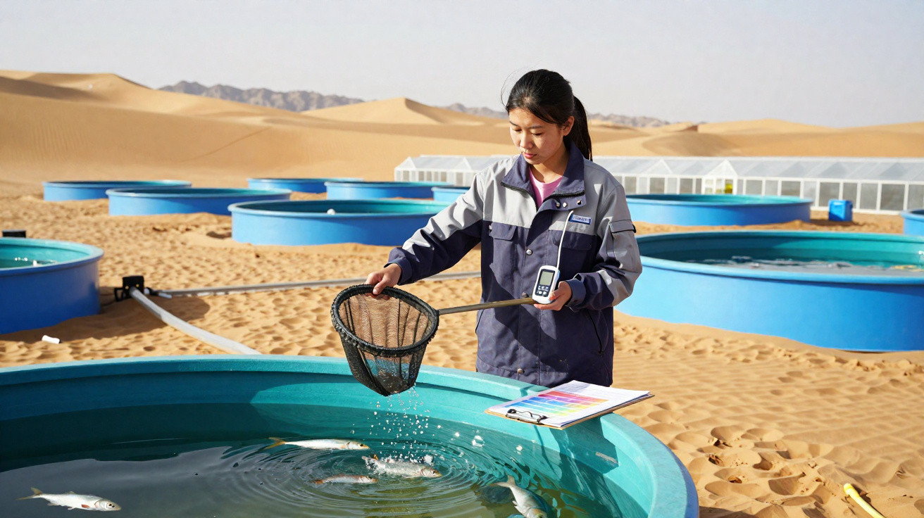 Mulher a recolher peixes numa piscina redonda azul numa instalação de aquicultura no deserto.