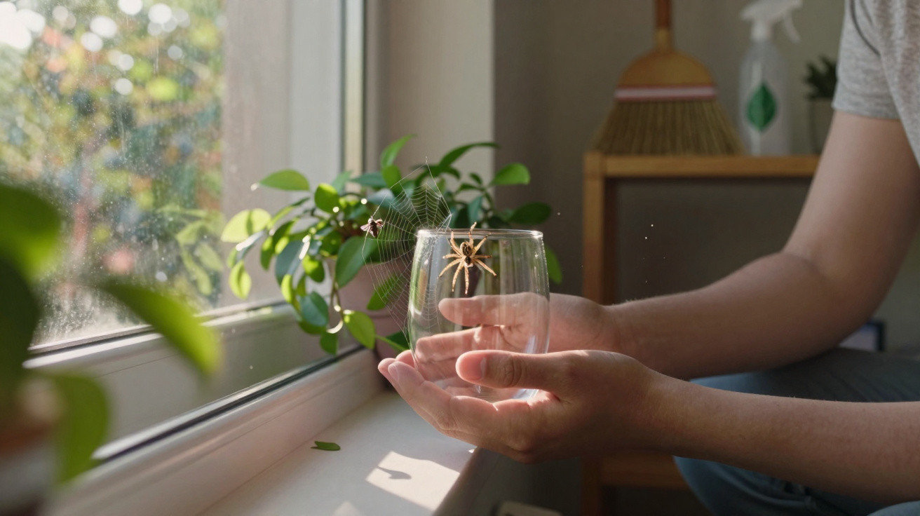 Pessoa segura copo de vidro com aranha presa e teia junto à janela iluminada.