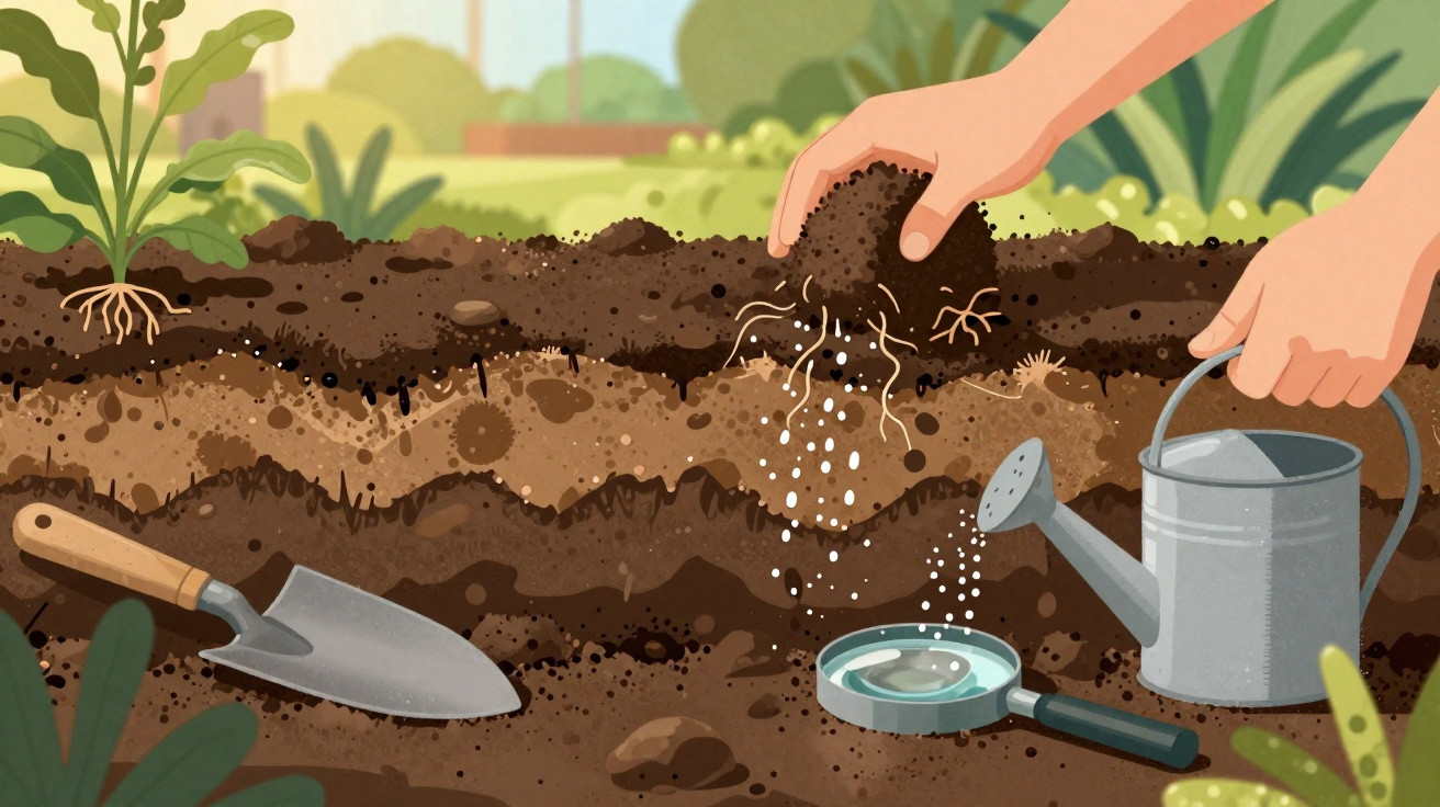 Mãos a adubar solo com regador, pá e lupa, mostrando camadas de terra e raízes no jardim.