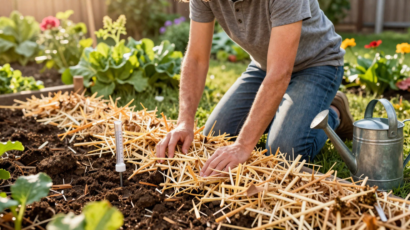 Homem a preparar o solo com palha para plantar numa horta, com regador metálico ao lado.