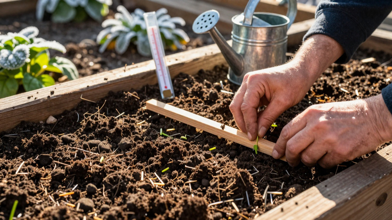 Mãos a plantar pequenas sementes numa horta com regador e termómetro ao fundo.