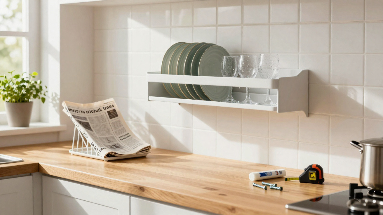 Bancada de cozinha com suporte de pratos, copos, jornal, fita métrica e utensílios na bancada de madeira clara.