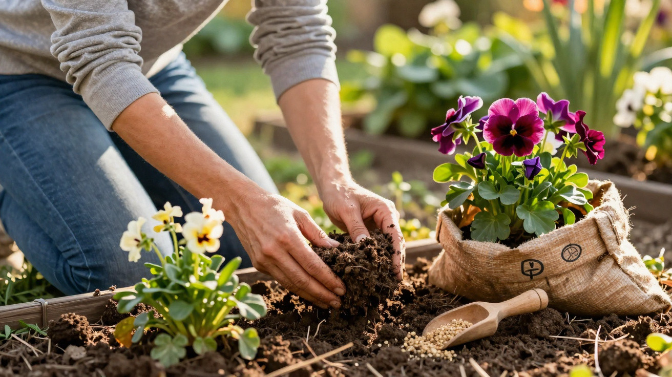 Pessoa a preparar terra para plantar flores num jardim ensolarado, com flores coloridas ao lado.