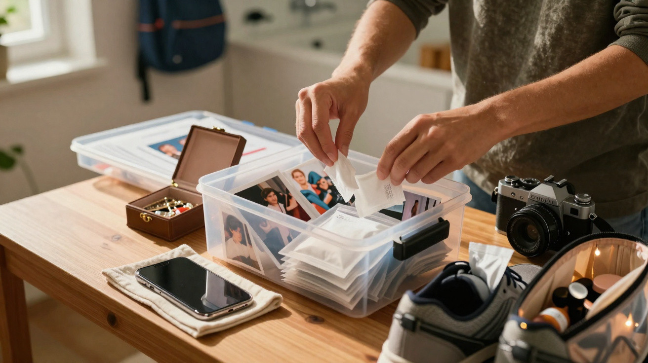 Pessoa a organizar fotografias num recipiente de plástico transparente numa mesa de madeira, com telemóvel e mochila por pert