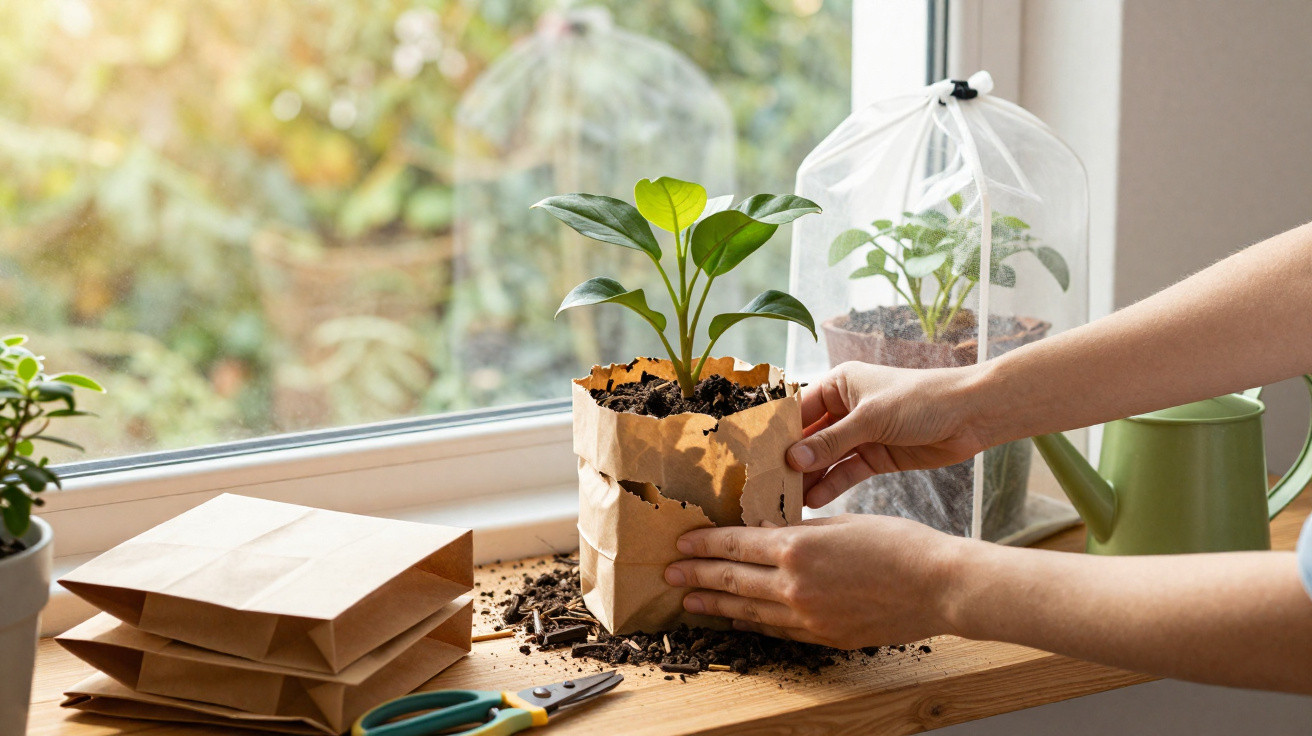 Mãos a transplantar planta jovem em saco de papel perto de janela, com terra e ferramentas de jardinagem.