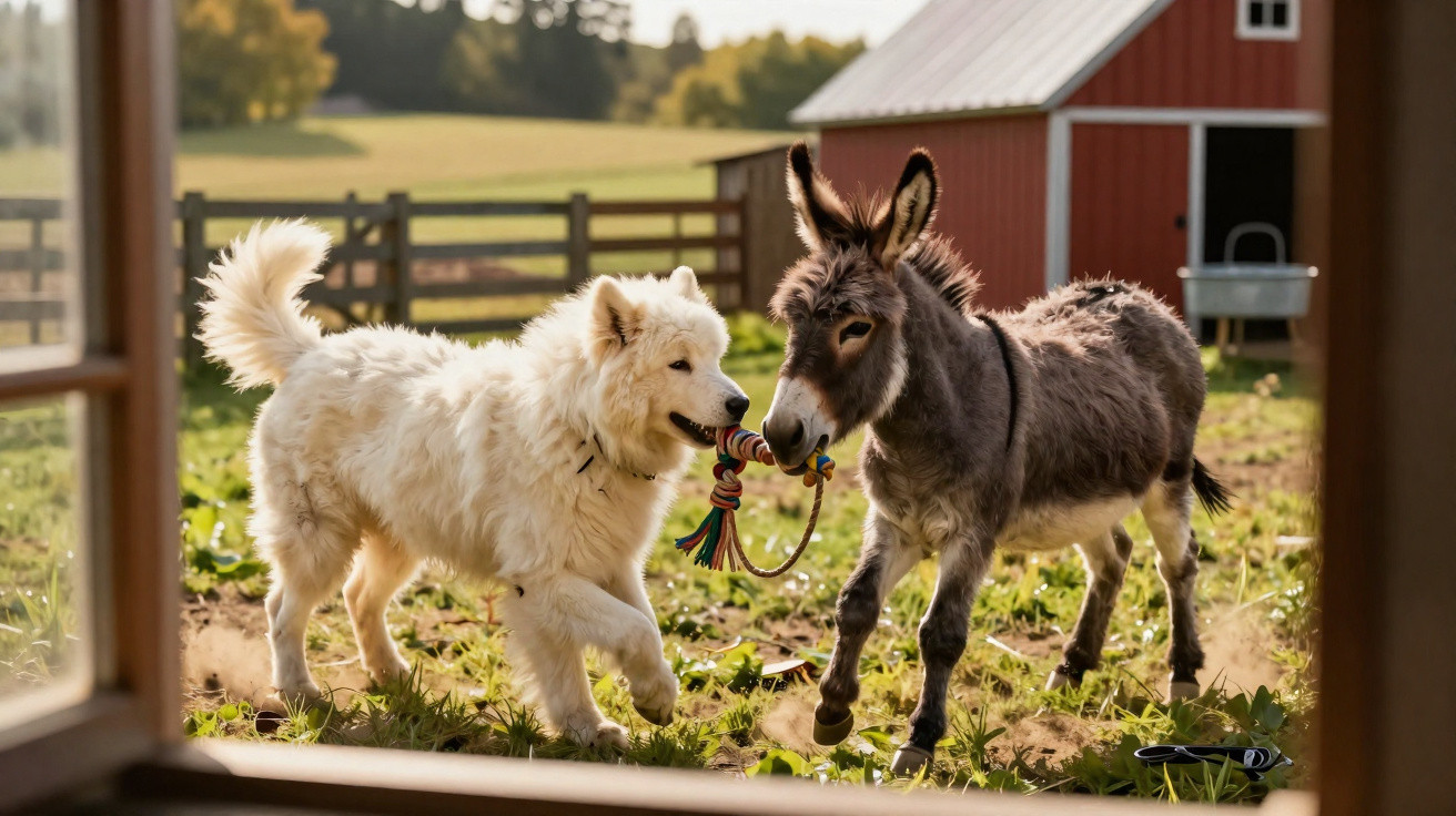 Cão branco e burro a brincar com um brinquedo em corda num campo perto de um celeiro vermelho.