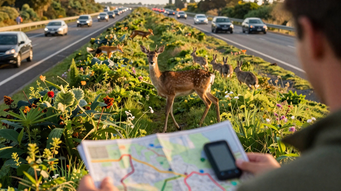 Veado e outros animais na berma florida entre duas pistas de estrada movimentada ao entardecer.