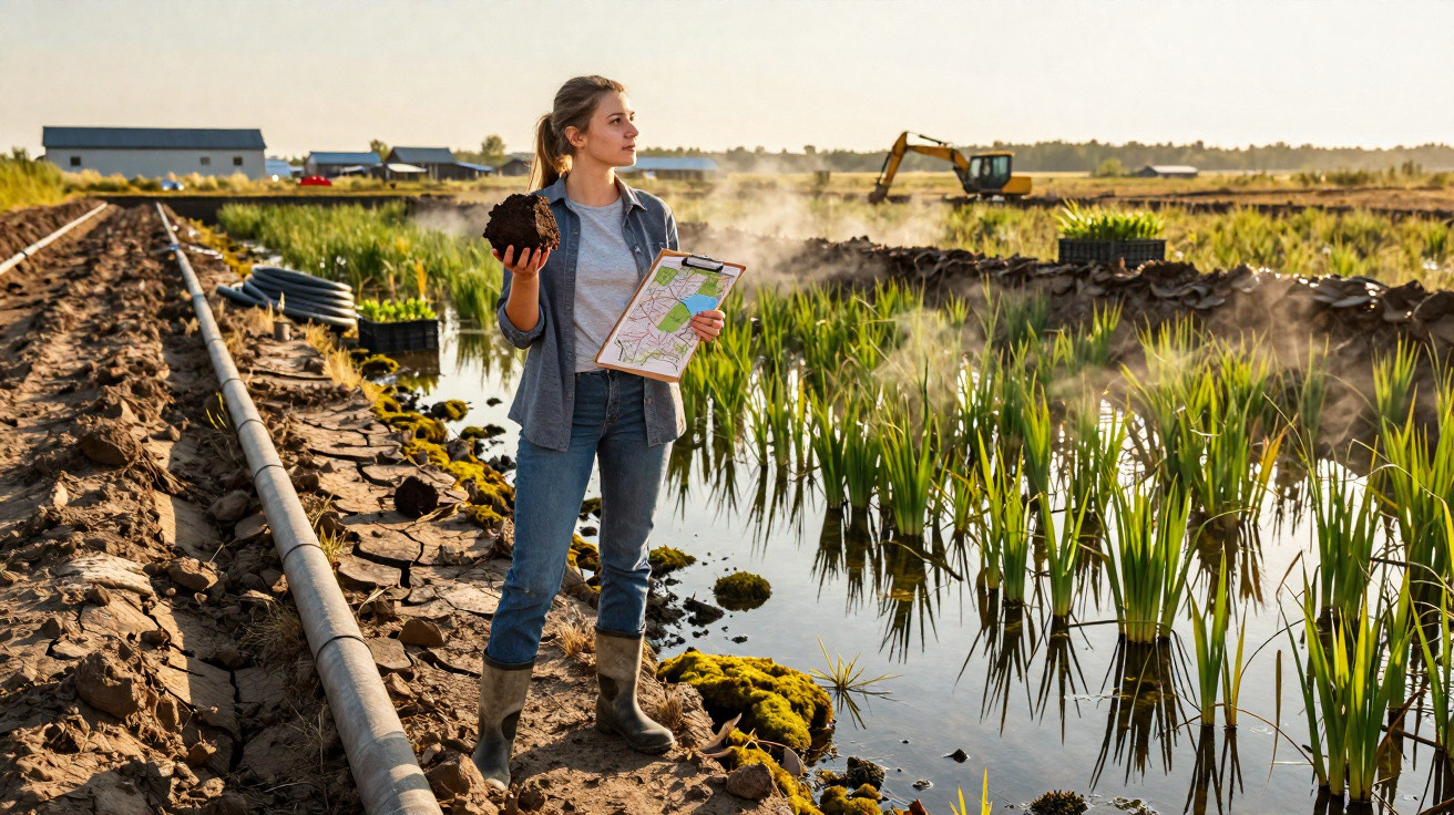 Mulher com botas examine solo junto a campo alagado, segurando terra e prancheta numa área de agricultura úmida.