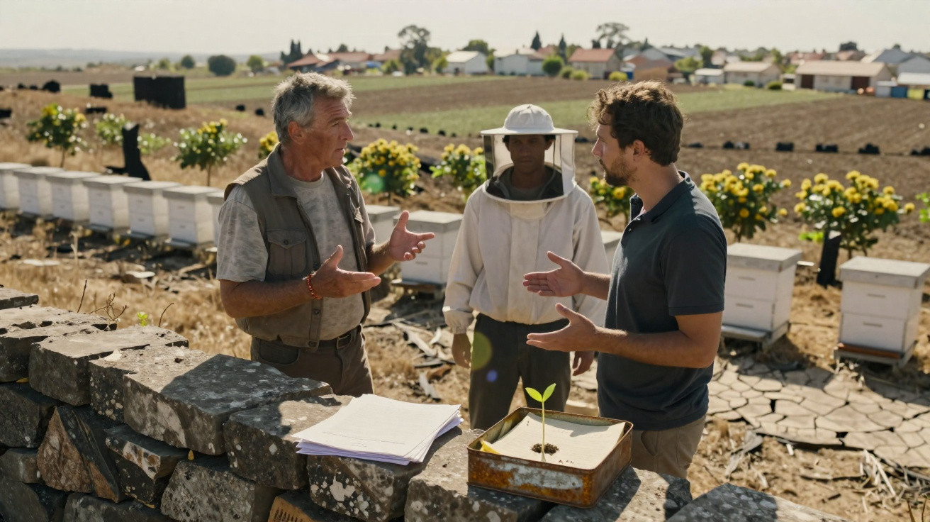 Três homens discutem junto a colmeias num campo, com uma muda de planta numa caixa sobre um muro de pedra.
