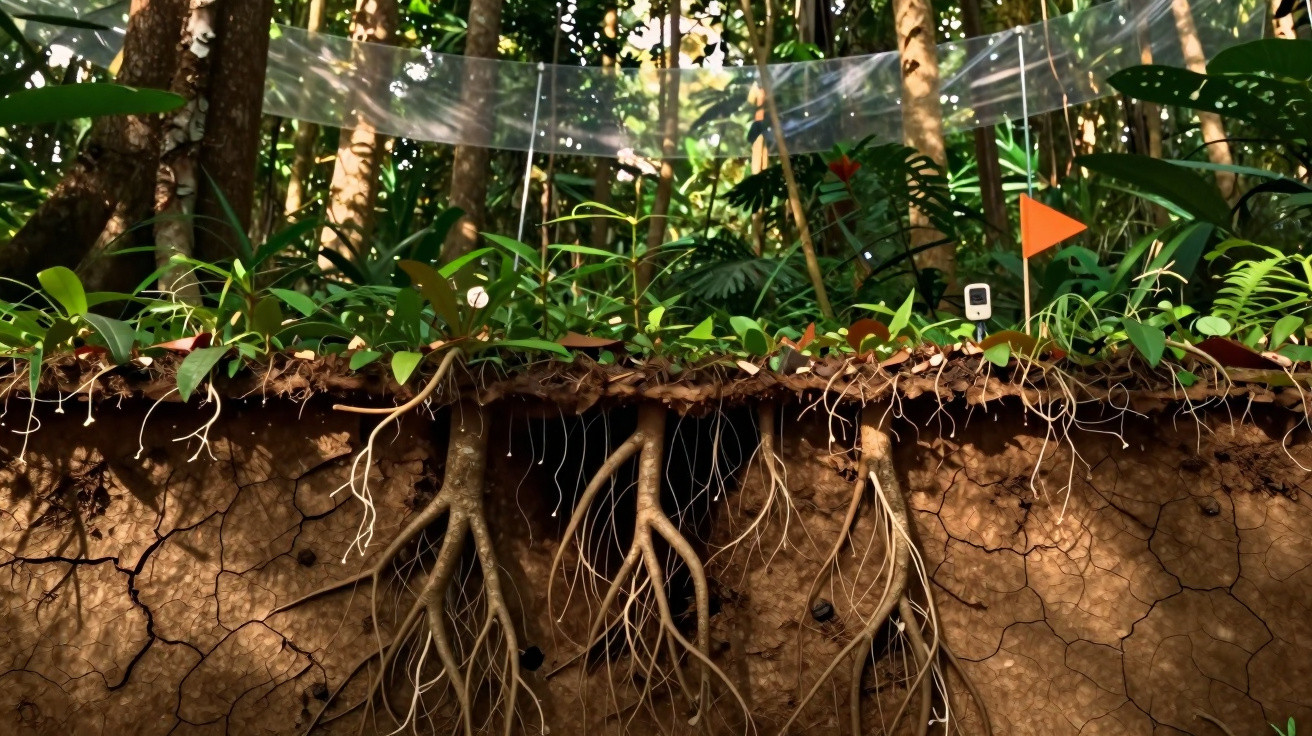 Vista de plantas na selva com raízes expostas no solo e uma pequena bandeira laranja entre elas.