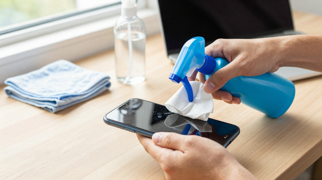 Pessoa a limpar o ecrã do telemóvel com spray e pano numa secretária junto à janela.