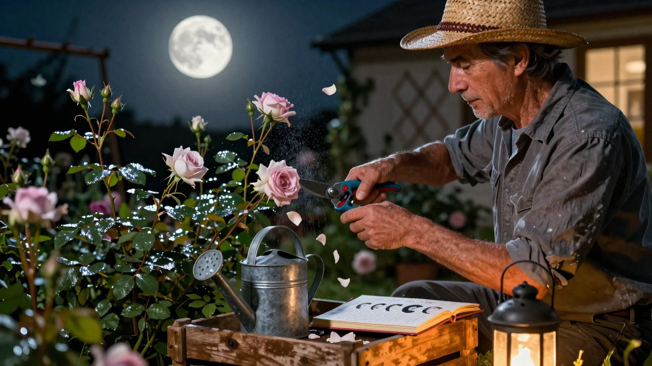 Homem com chapéu a podar rosas à noite, com lua cheia ao fundo, livro aberto e regador numa mesa de madeira.