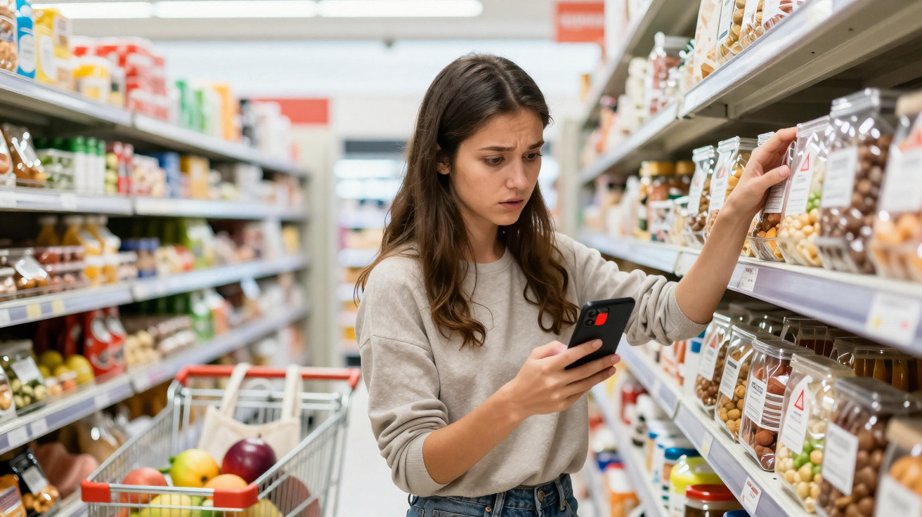 Mulher em supermercado usa telemóvel e lê rótulo de embalagem enquanto seleciona produto na prateleira.