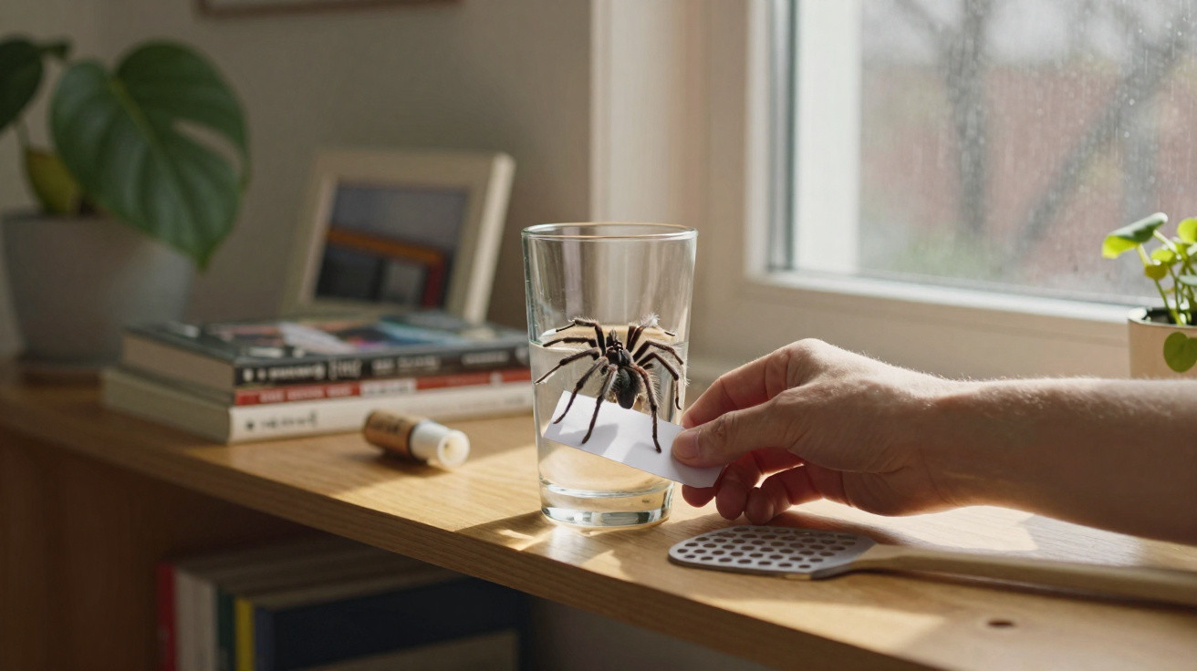 Aranha tarântula dentro de copo de vidro sobre mesa com mão a prender pedaço de papel.