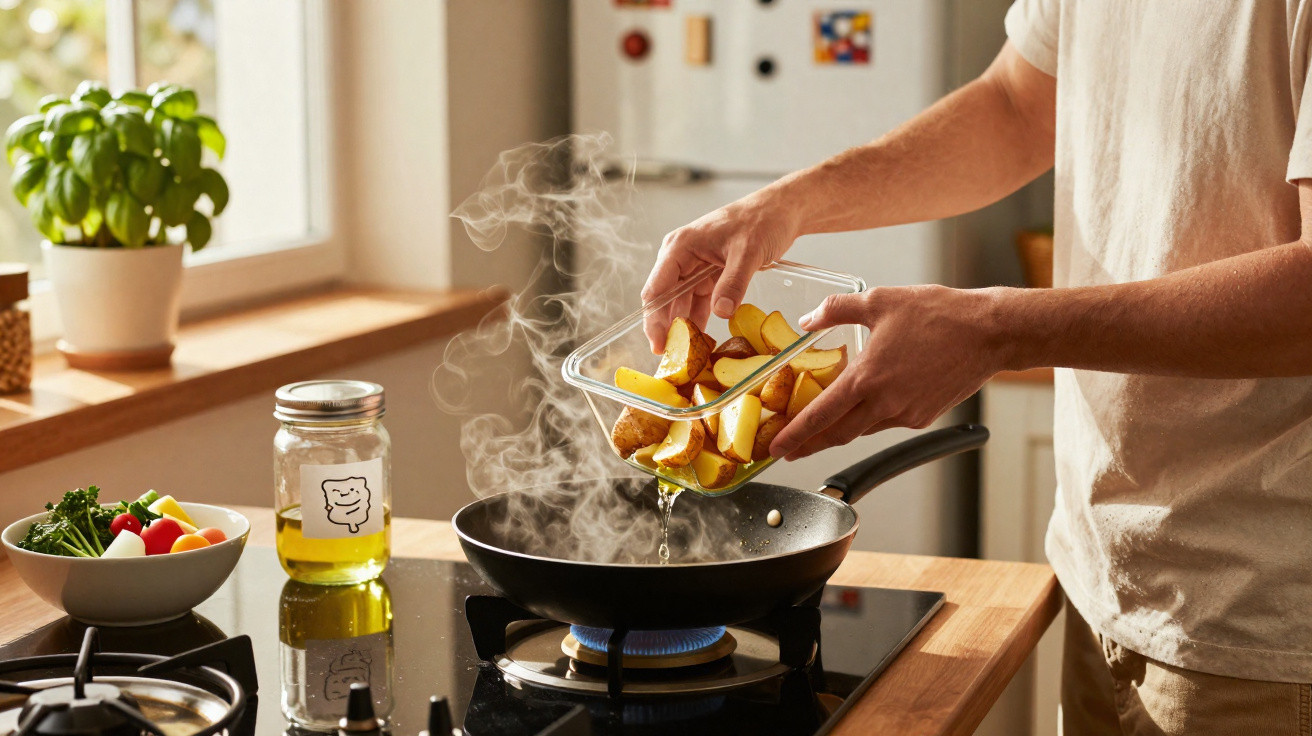 Pessoa a cozinhar batatas cortadas numa frigideira com óleo numa cozinha iluminada.
