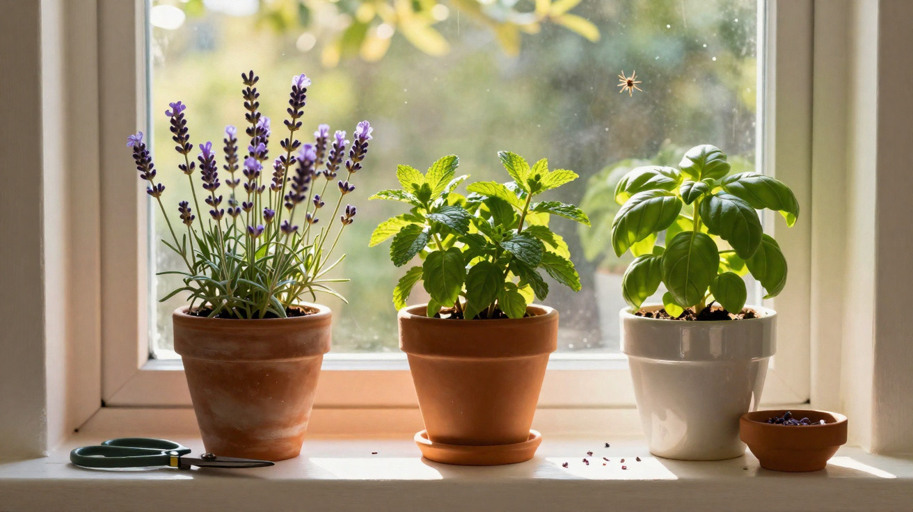 Três vasos com lavanda, erva-cidreira e manjericão numa janela com luz natural e tesoura verde de jardim.
