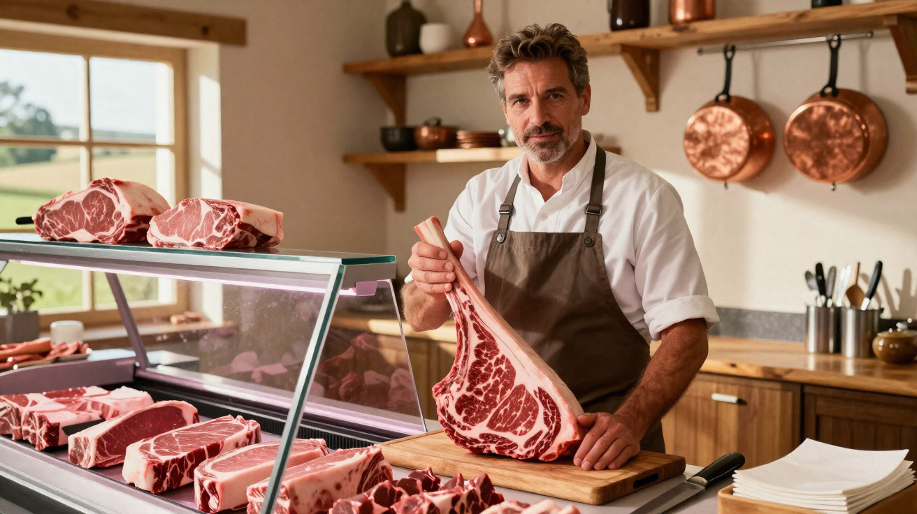 Talhante em avental a segurar pedaço grande de carne numa loja rústica com vários cortes expostos.