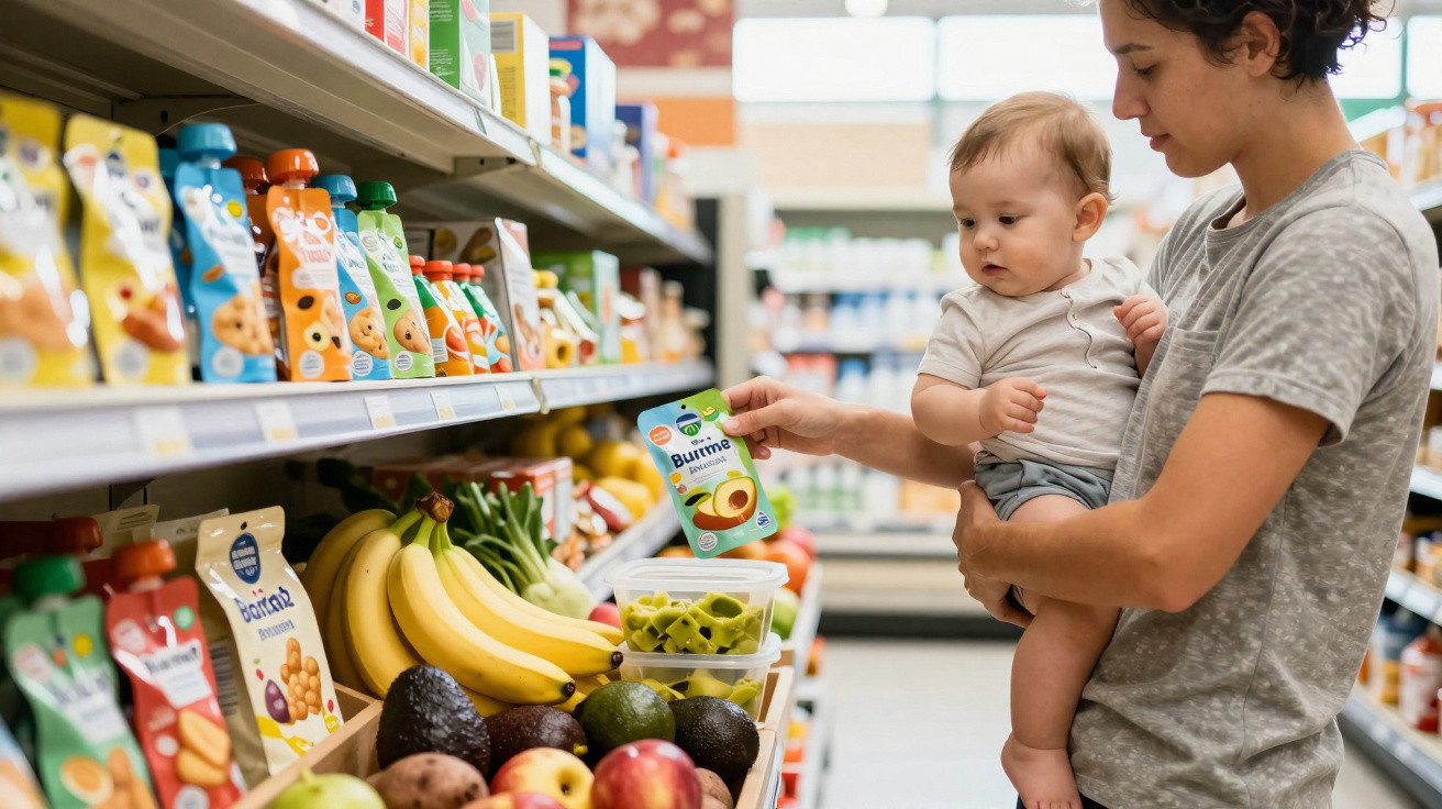 Mulher com criança ao colo escolhe puré de fruta na secção de bebé num supermercado.