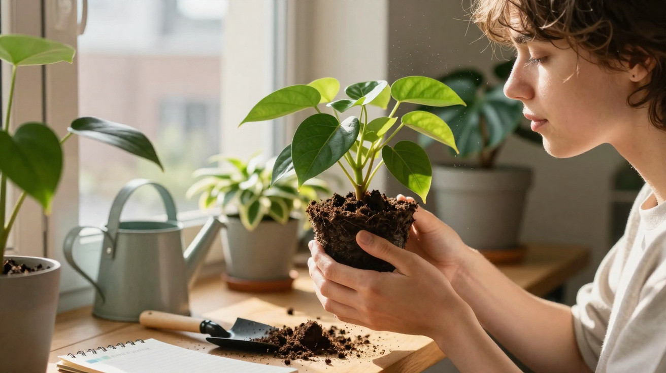 Pessoa a cuidar de planta com vaso aberto e terra numa mesa junto a janela iluminada.