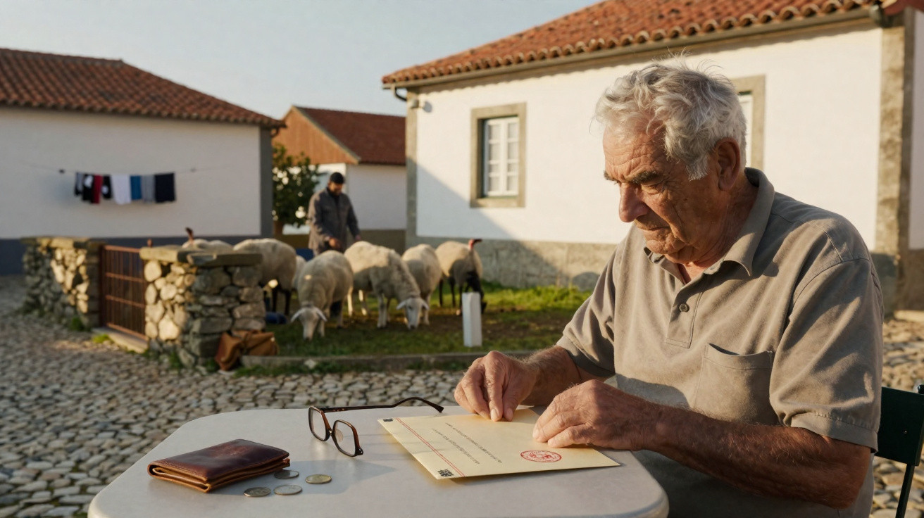 Idoso sentado numa mesa exterior a ler uma carta, com ovelhas e casas tradicionais ao fundo.