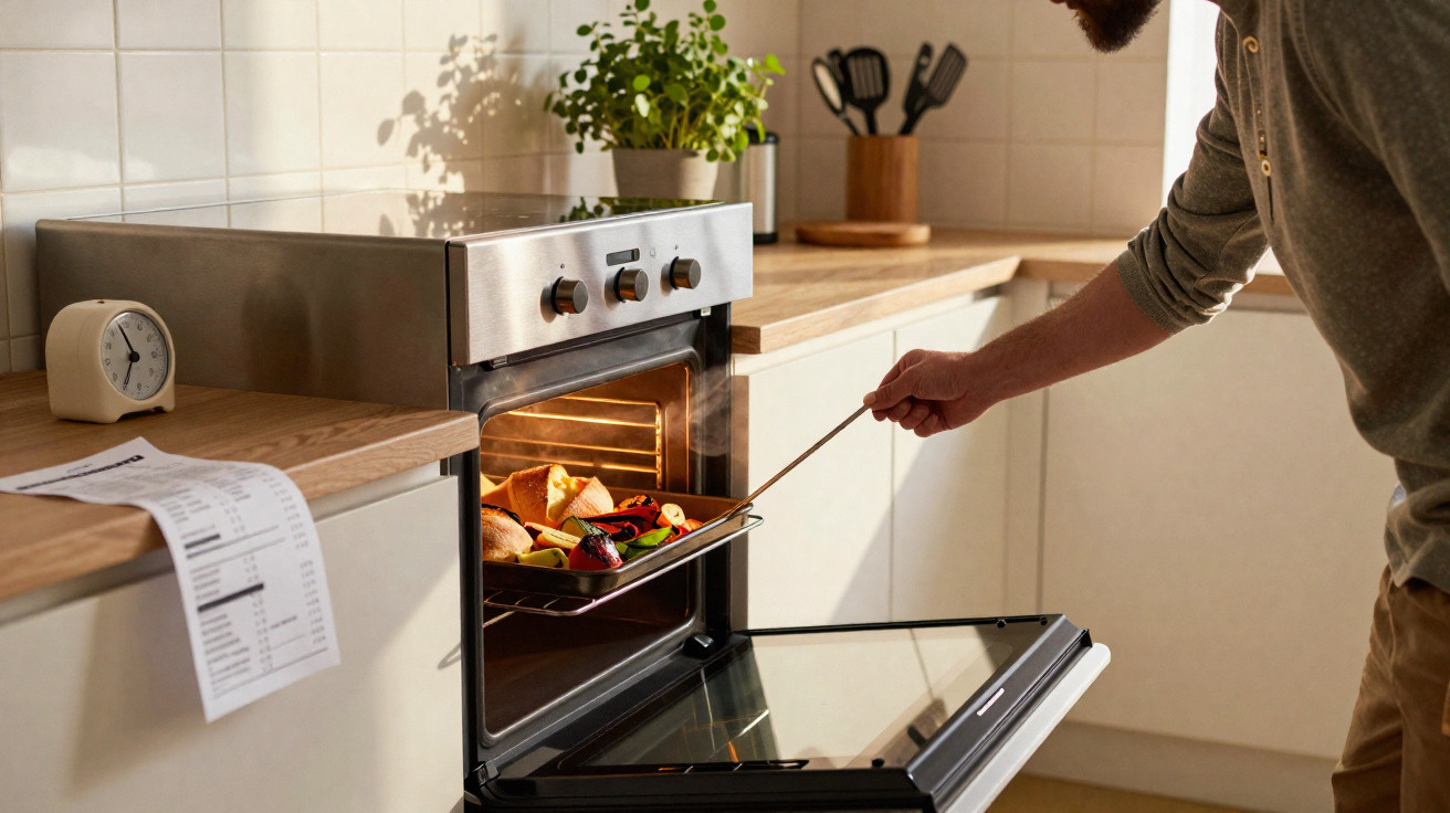Pessoa a retirar uma assadeira com legumes assados do forno numa cozinha moderna e iluminada.