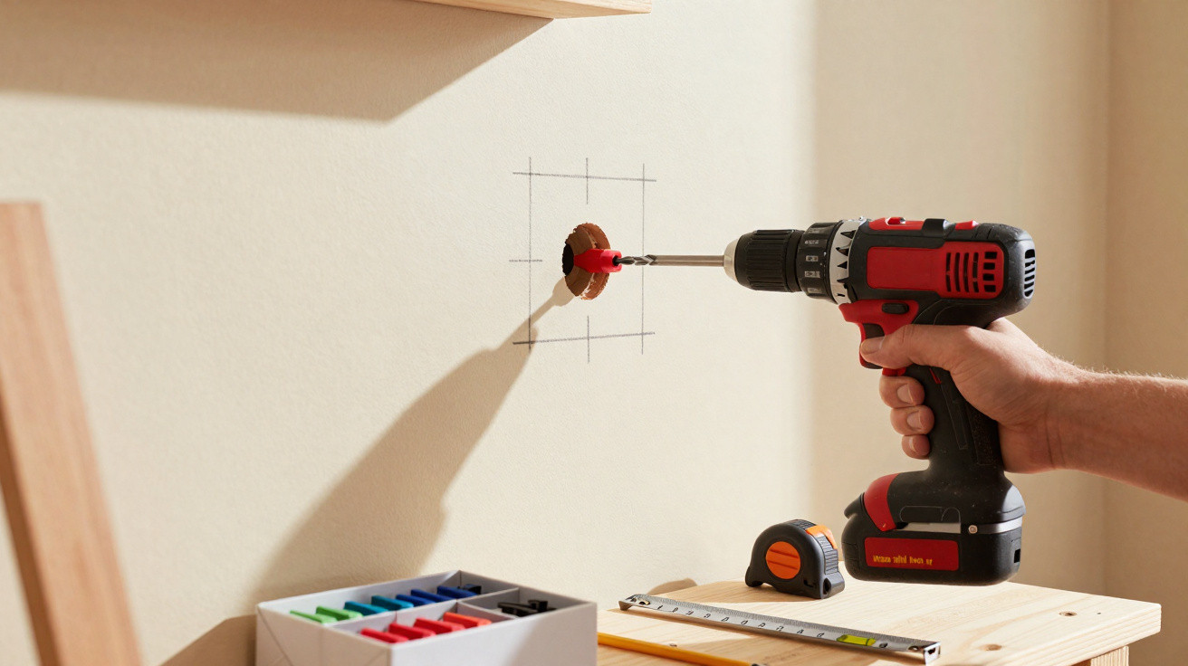 Mão a usar uma furadeira elétrica para fazer um furo numa parede marcada com linhas pretas.