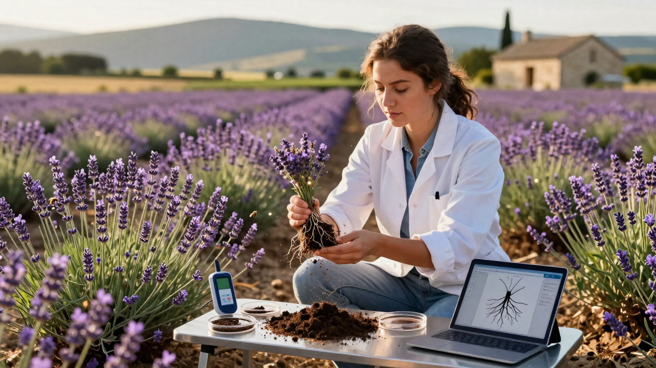 Mulher cientista analisa planta de lavanda com raízes num campo de lavandas, usando equipamento e computador.