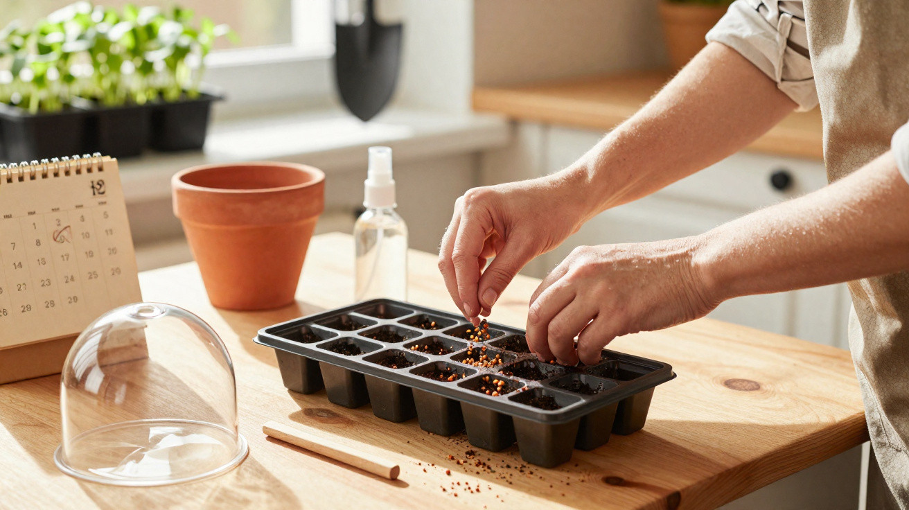 Mãos a semear sementes em pequenos recipientes com terra numa mesa de madeira junto a calendário e vasos.