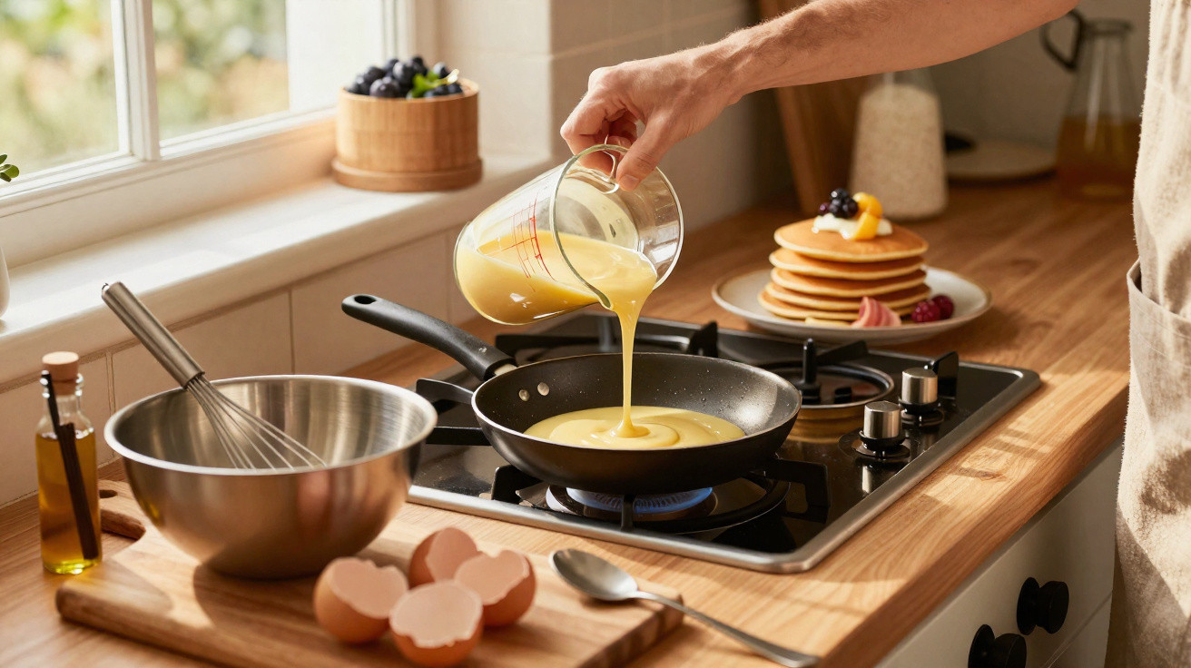 Pessoa a deitar massa para panquecas numa frigideira numa cozinha luminosa com ingredientes à volta.