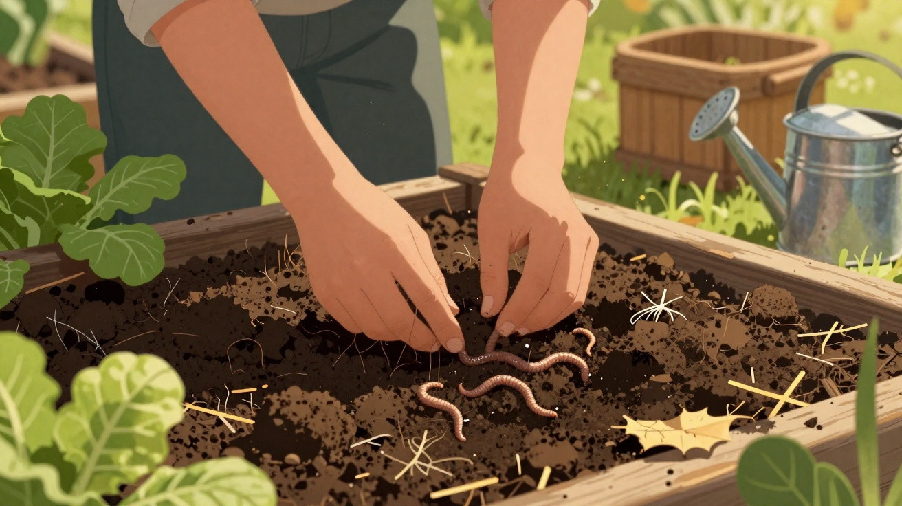 Mãos manipulando minhocas na terra de uma horta com regador e plantas ao redor.