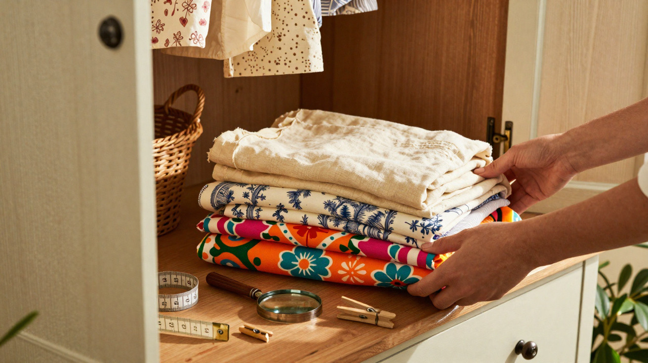 Mãos a organizar roupas dobradas coloridas sobre móvel de madeira com fita métrica e lupa ao lado.