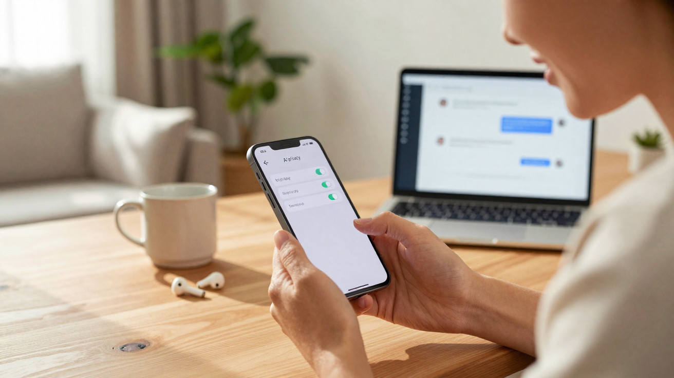 Pessoa a ajustar definições de privacidade num smartphone, com laptop aberto e objetos numa mesa de madeira.