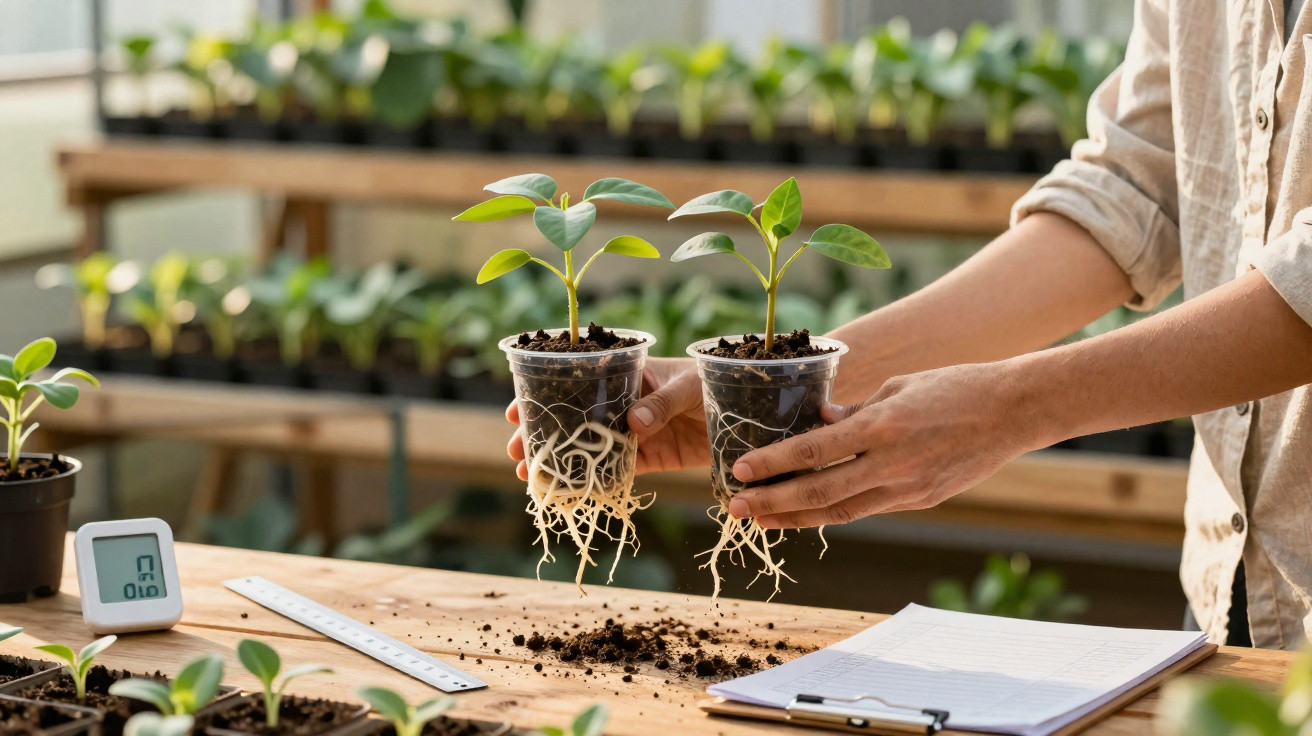 Mãos seguram dois vasos transparentes com plantas jovens e raízes visíveis, em ambiente de estufa.