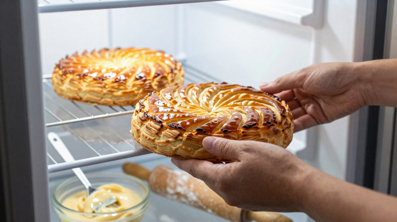 Mãos a guardar duas galettes des rois com cobertura dourada em prateleira de frigorífico.