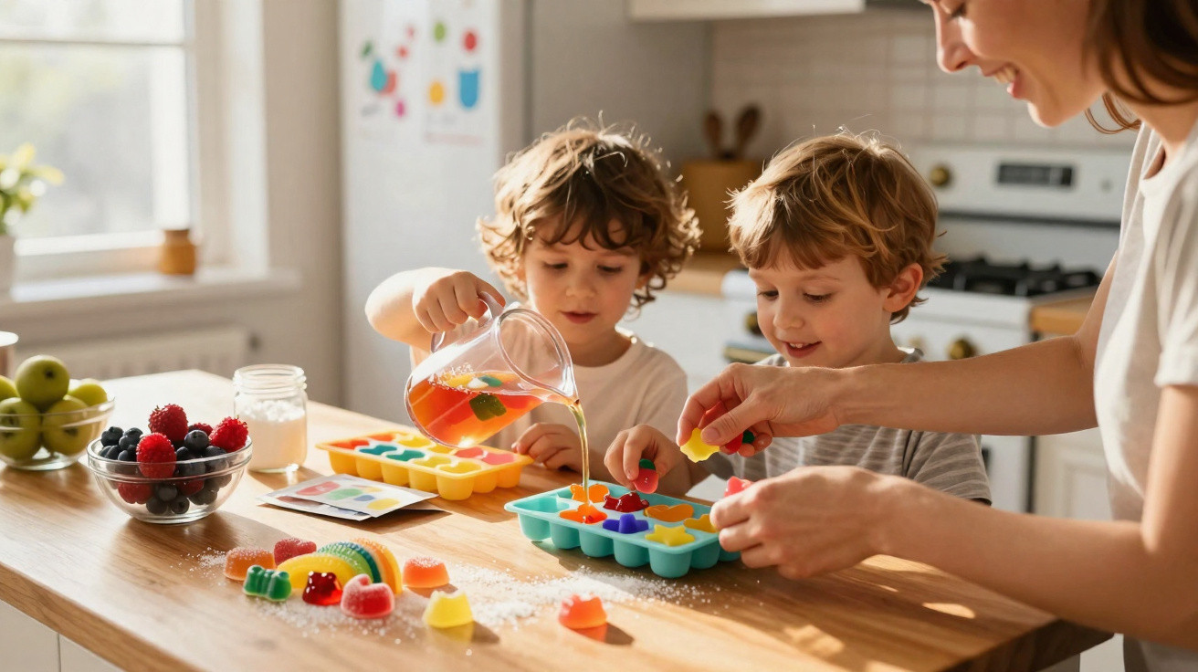 Crianças a fazer gelados caseiros com frutas e sumo numa cozinha, com ajuda de uma mulher sorridente.