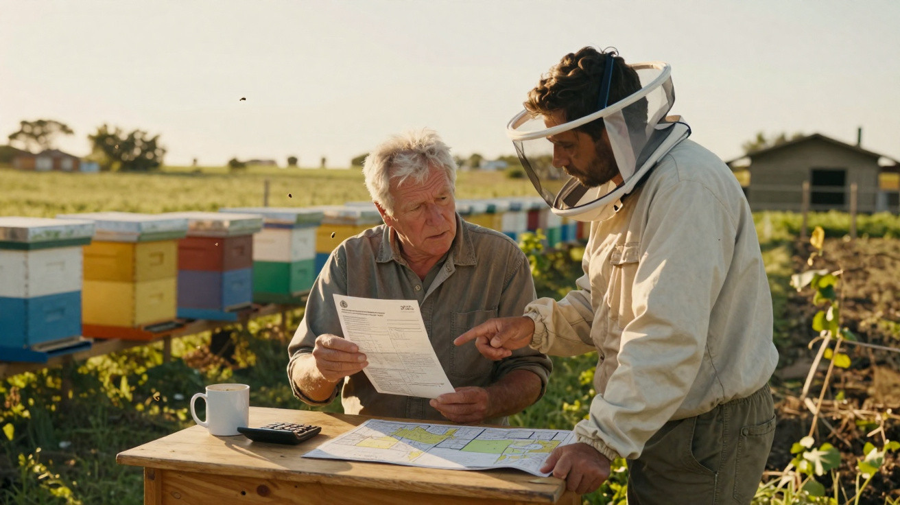 Dois apicultores discutem documentos e mapas junto a colmeias num apiário ao ar livre.