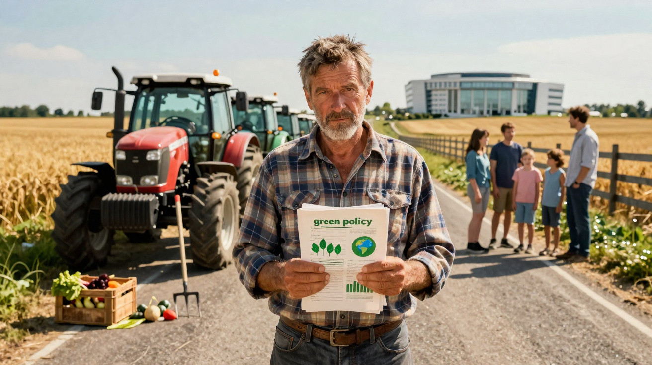 Agricultor sério com jornal sobre política ambiental, trator e família ao fundo numa estrada rural.
