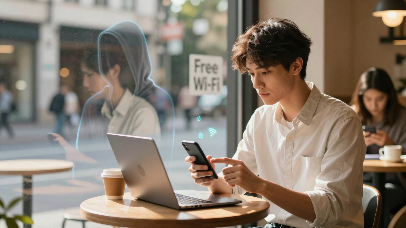 Jovem sentado numa cafeteria a usar telemóvel e computador com sinal de Wi-Fi gratuito visível na janela.